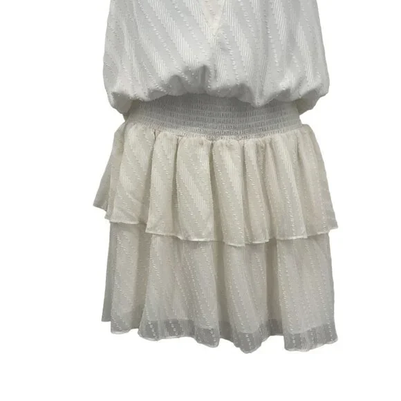 Ramy Brook Carl Deep V-Neck Smocked Tiered Textured Ruffle Mini Dress Ivory - Picture 9 of 11